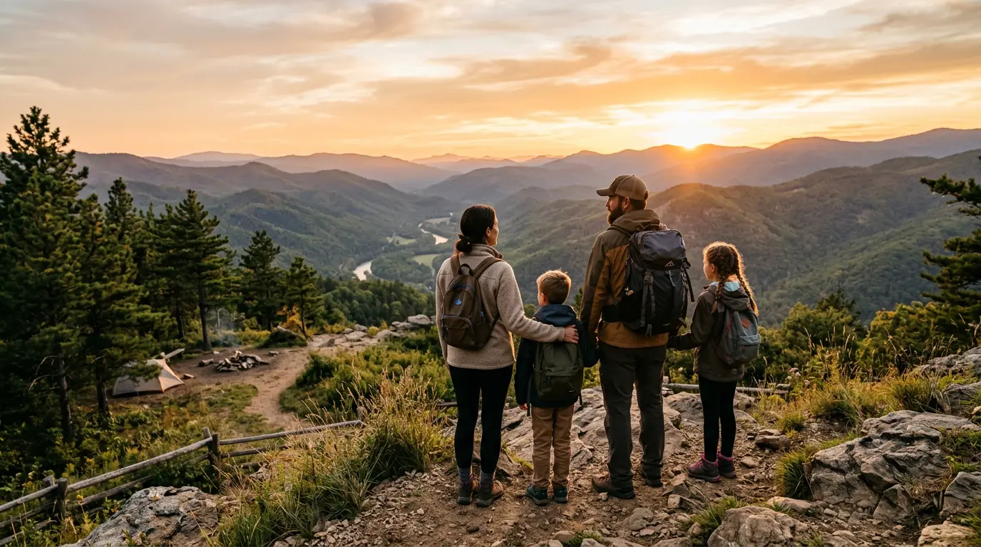 Family enjoying an outdoor adventure at golden hour with mountain views