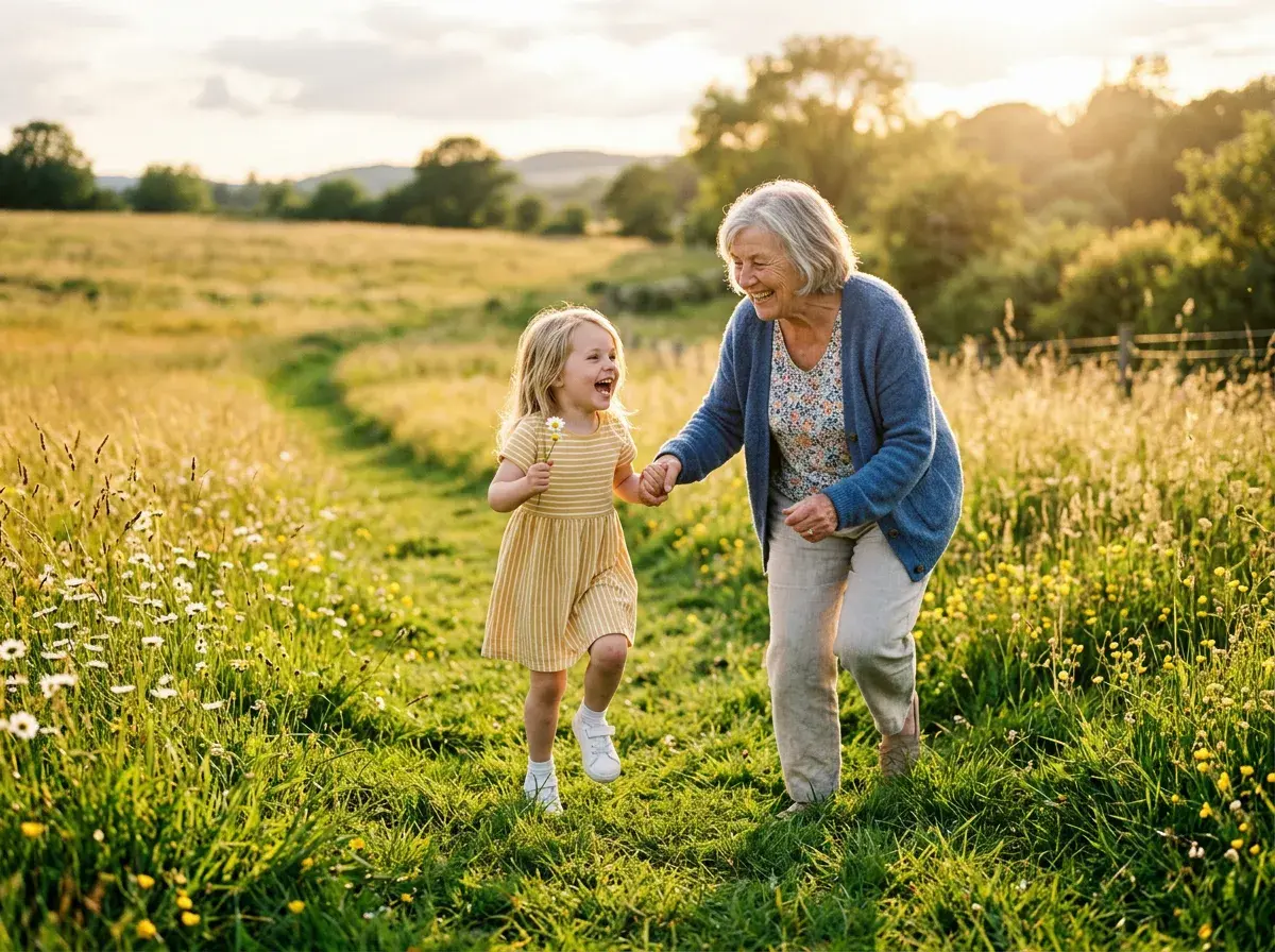 Grandmother and grandchild playing in a sunny meadow