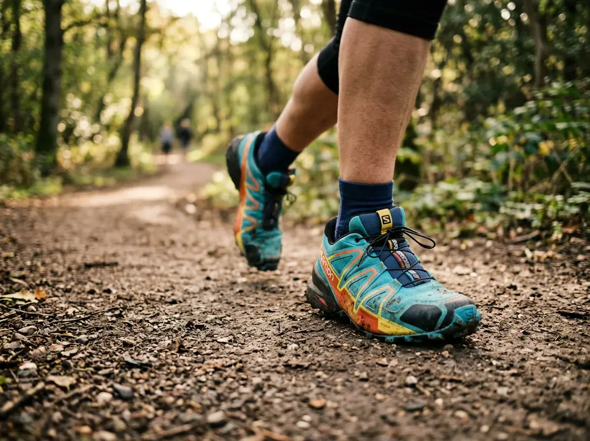Running shoes on an outdoor trail in morning light